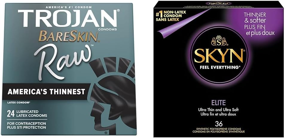 TROJAN BareSkin Raw Thin Condoms, Lubricated, Ultra Thin, 24 Count Pack & SKYN Elite 36 Count Ultra-Thin, Lubricated Latex-Free Condoms