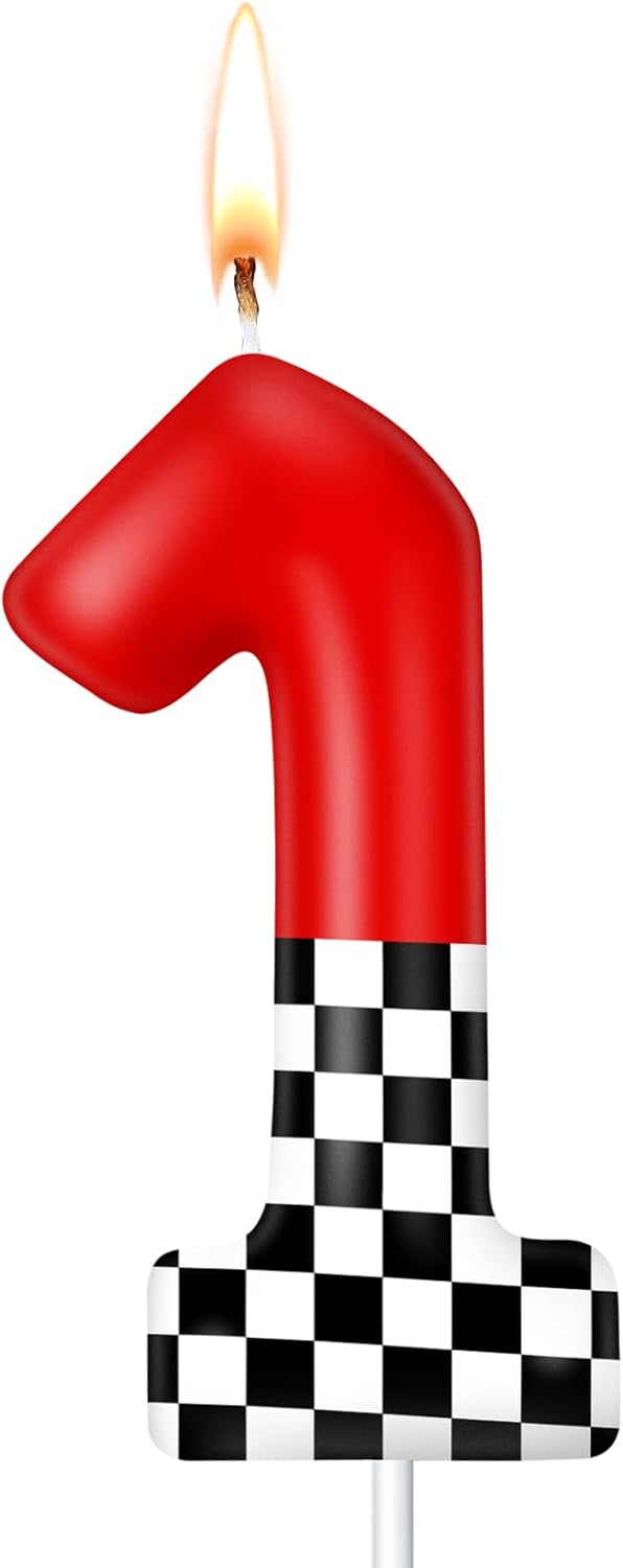 MTLEE Racing Car Birthday Number Candle Race Car Theme Cake Topper Truck Themed Birthday Supplies Decorations Red Black White Checkered Candles(Red and Checkered,Number 1)