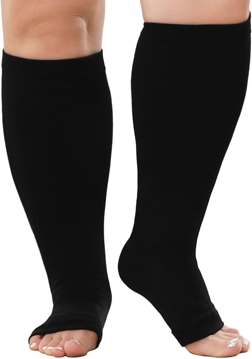 PUTUO Plus Size Compression Socks: Wide Calf Graduated Compression Stockings Men Women Open Toe Extra Large Compression Sock for Support Flight Travel Pregnancy Nurses 20-30 mmHg Black 5XL 1Pairs