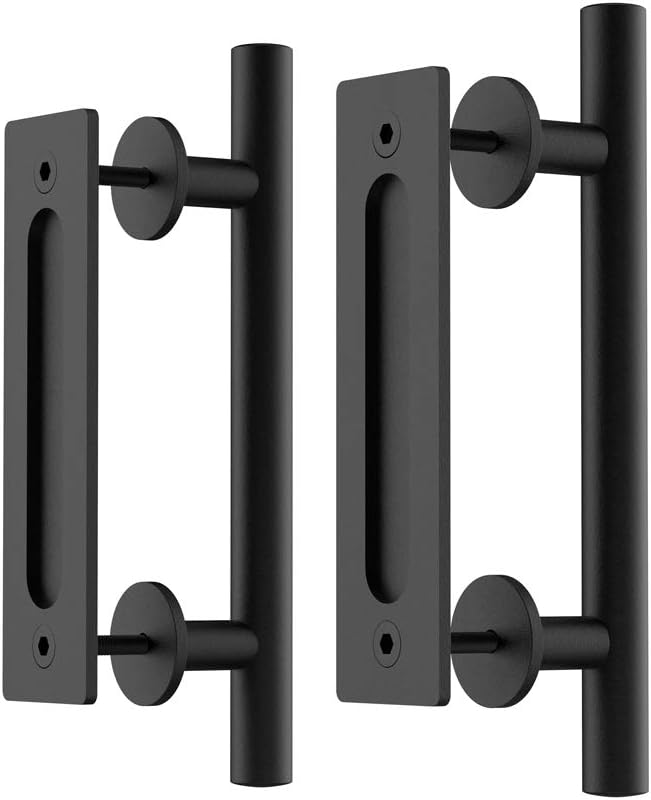 WINSOON 2 Pack 300mm/12 inch Sliding Barn Door Handle Hardware Black with Flush Finger Pull, Large Rustic, Pull and Flush Heavy Duty Handle Pair Set
