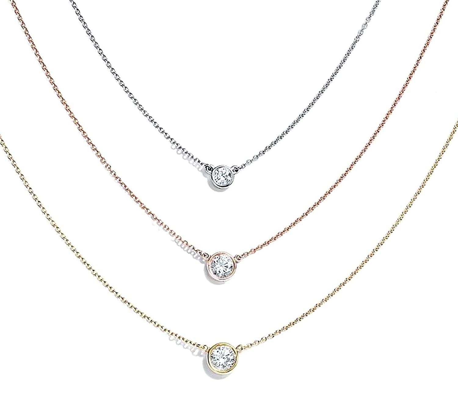Diamond Solitaire Necklace/ 14k Gold Dainty Diamond Bezel Set Necklace/Delicate Diamond Necklace/Layering Diamond Necklace / 0.05ct 0.10ct 0.15ct Diamond Stackable Necklace for Women Girls