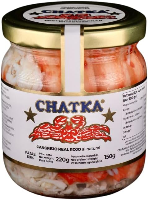 Chatka Red King Crab, Wild Caught, Preserved in Glass Jar, 60% Legs and Shredded Meat (150 gram)
