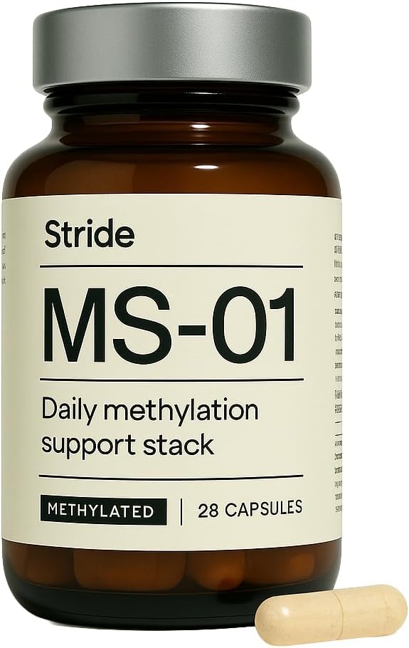Stride MS-01 Methylated B-Complex | Active B6, Methylfolate (B9), B12, TMG & Vitamin C | Methylation Support | Energy, Detox, Homocysteine & Cellular Support | 28 Vegan Capsules