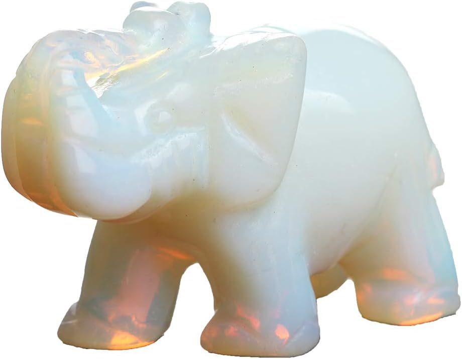 Opal Opalite Elephant 1.5 Inches Statue Crafts Natural Stone Carved Figurine Chakra Carving Stones Healing Reiki Free Pouch (Opal)