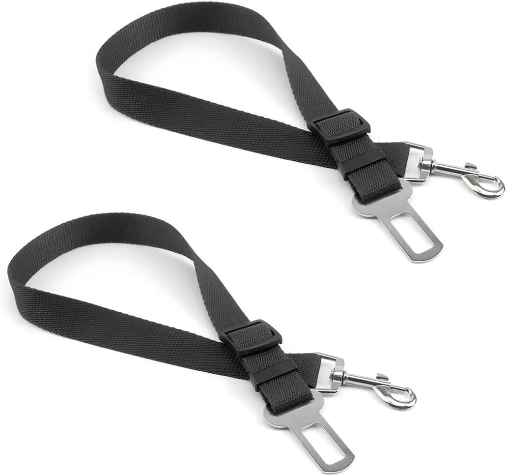 CGEAMDY 2 Pieces Dog Car Safety Seat Belt, Adjustable Dog Car Safety Belt with Universal Plug & Locking Bar, Dog Car Seat Belt Lead Restraint Harness Seatbelt Attachment Clip For Pet(Black)