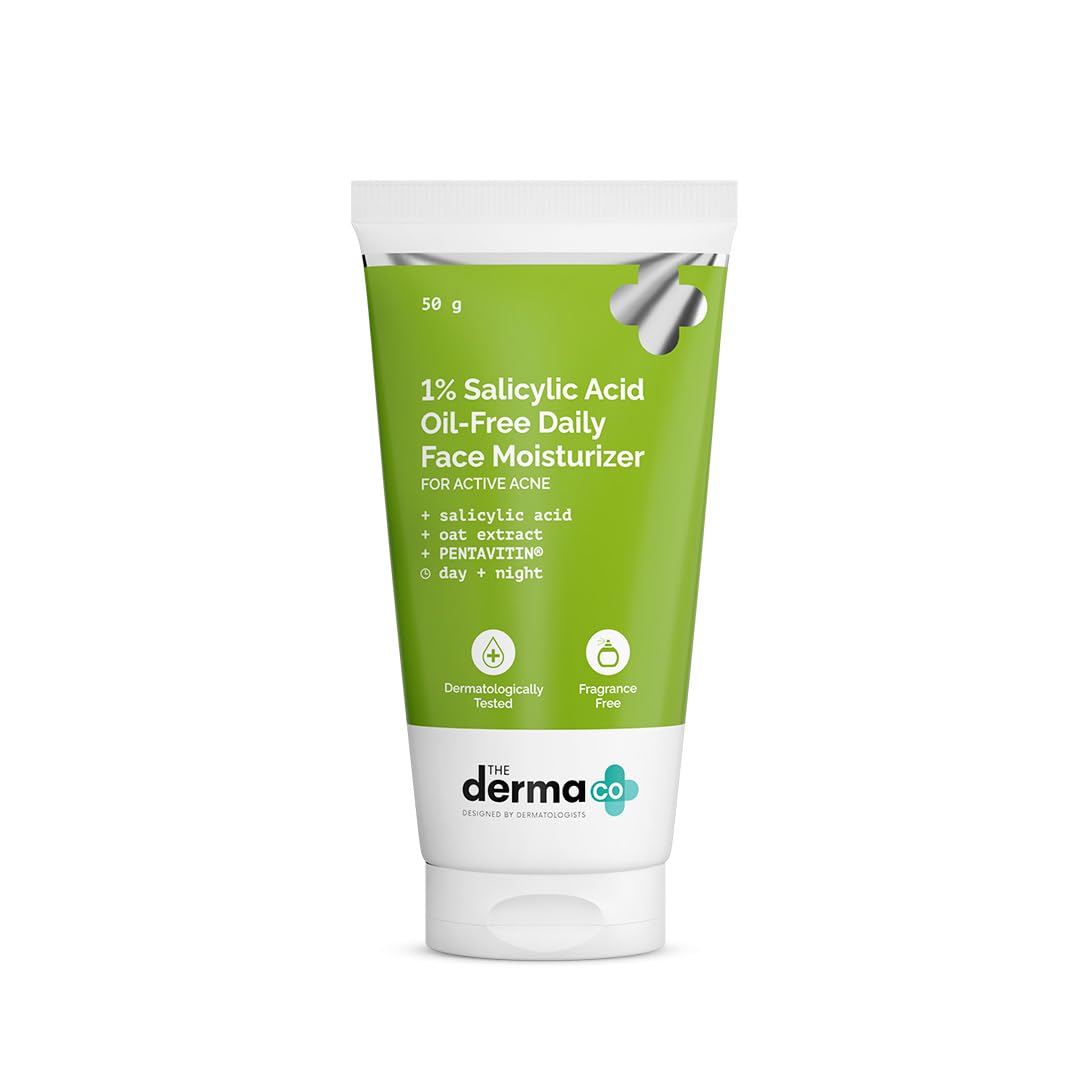The Derma Co 1% Salicylic Acid Oil-Free Moisturizer For Face with Oat Extract Fights Active Acne Deeply Moisturizes 50 g
