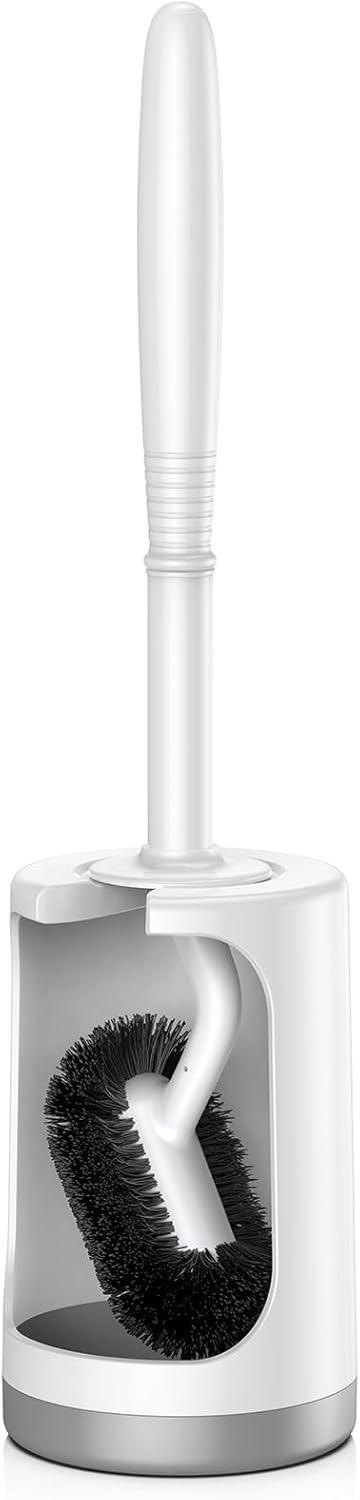 HAMITOR Toilet Bowl Brush Holder Set: Curved Design with Holder for Deep Cleaning Under Rim - Compact Hidden Scrubber for Small Space - Modern RV Bathroom Accessories - White