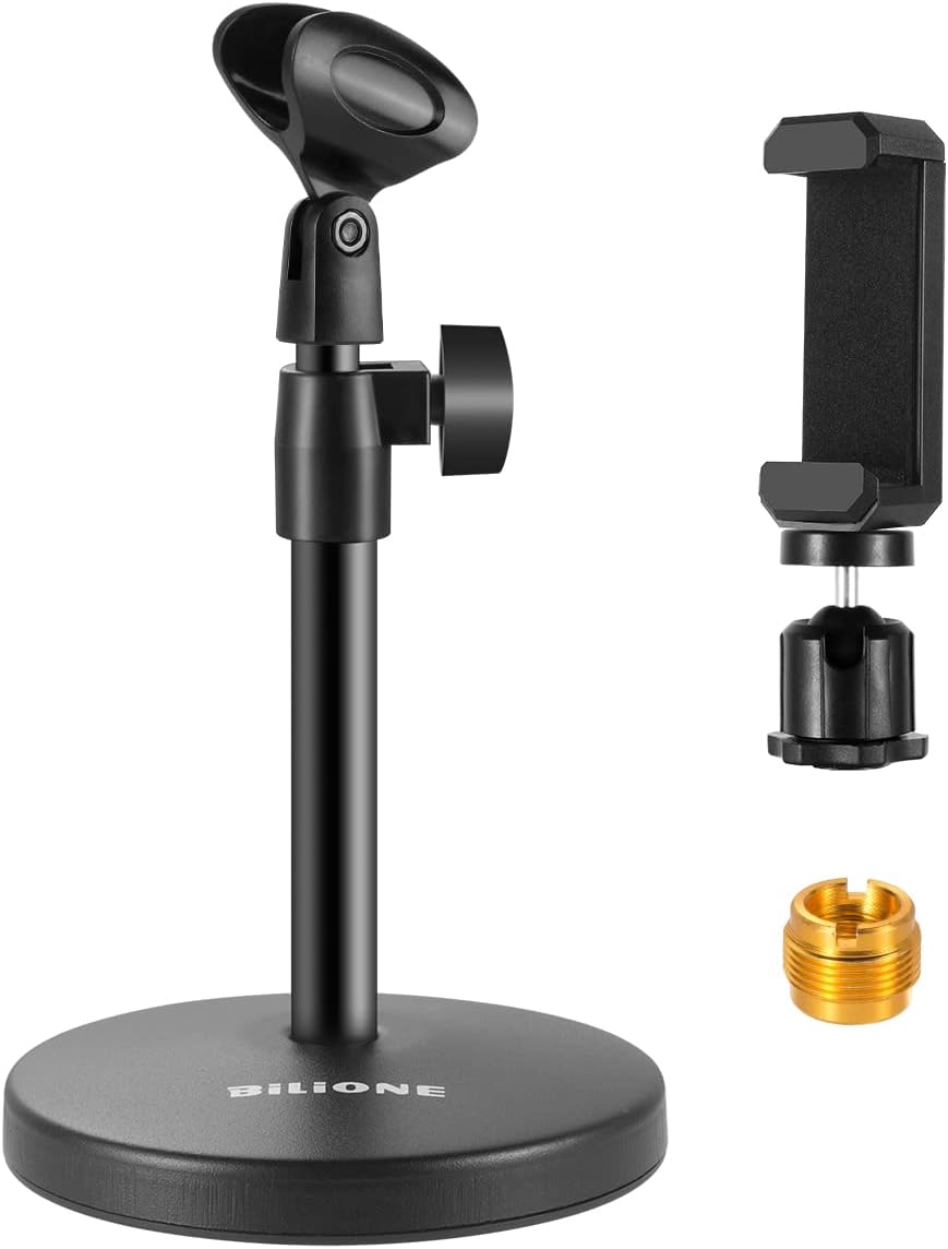 BILIONE 101S 3 in 1 Multi-Function Desktop Microphone Stand, Adjustable Table Mic Stand with Microphone Clip, Cell Phone Clip, 5/8 inch Male to 3/8 inch Female Metal Adapter,Black