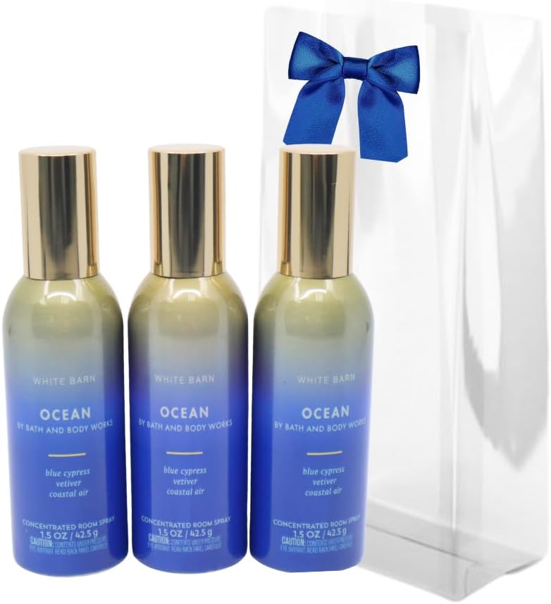 Bath & Body Works OCEAN Concentrated Room Spray Gift Set with a Blue Bow for Holiday 1.5 oz – Pack of 3