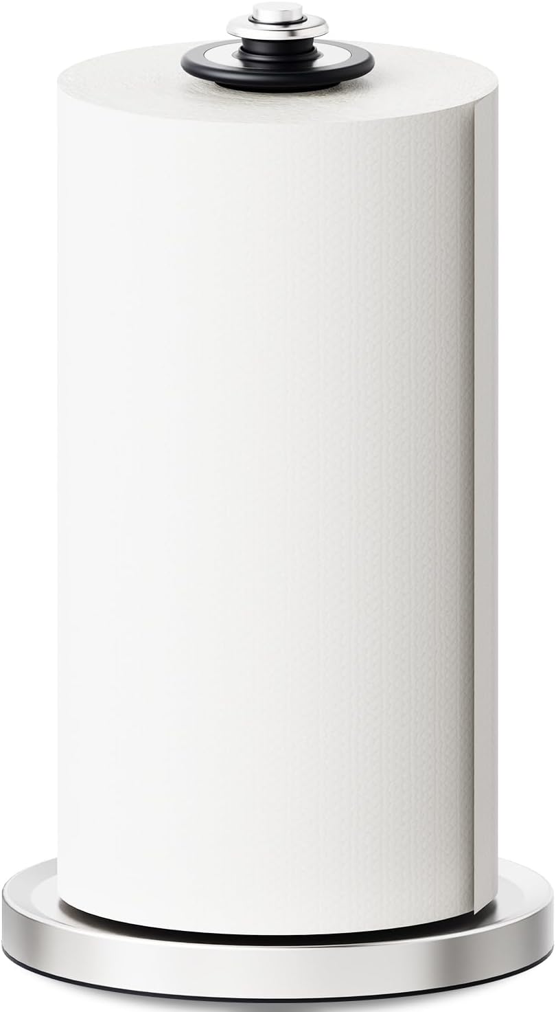VEHHE Paper Towel Holder Countertop, Unique Damping Spring Structure for One-Handed Tearing, Stainless Steel Paper Towel Holder with Weighted Base and Suction Cups for Kitchen Bathroom