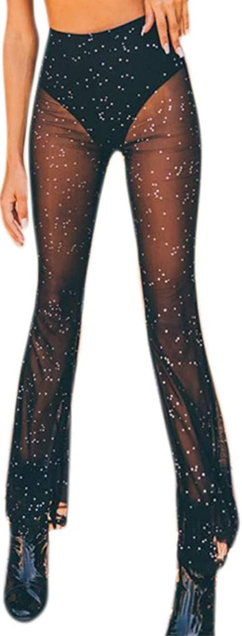 Women's Rave Sheer Mesh Sparkly Pants Bell Bottom Rave Outfit Clothes for Festival Dance Clubwear