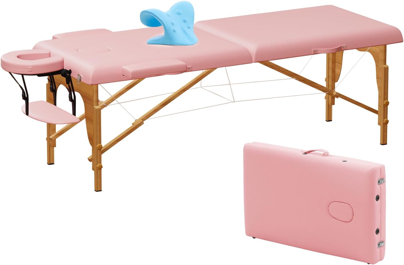 Portable Massage Table w/Neck Stretcher, 84 inch Sturdy Foldable Massage Bed Facial Bed Tattoo Table Adjustable Lash Bed Esthetician for Beauty Tattoo (Wood, Pink)