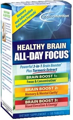 Applied Nutrition Healthy Brain All Day Focus, 50 Tablets Per Bottle (3 Pack)