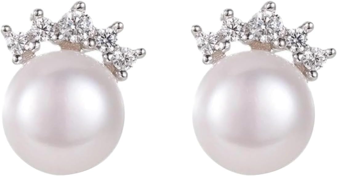 White Button Freshwater Cultured Pearl Stud Earrings for Women Pearl Earrings for Women butterfly Stud Cubic Zirconia Stud Earrings for Mother