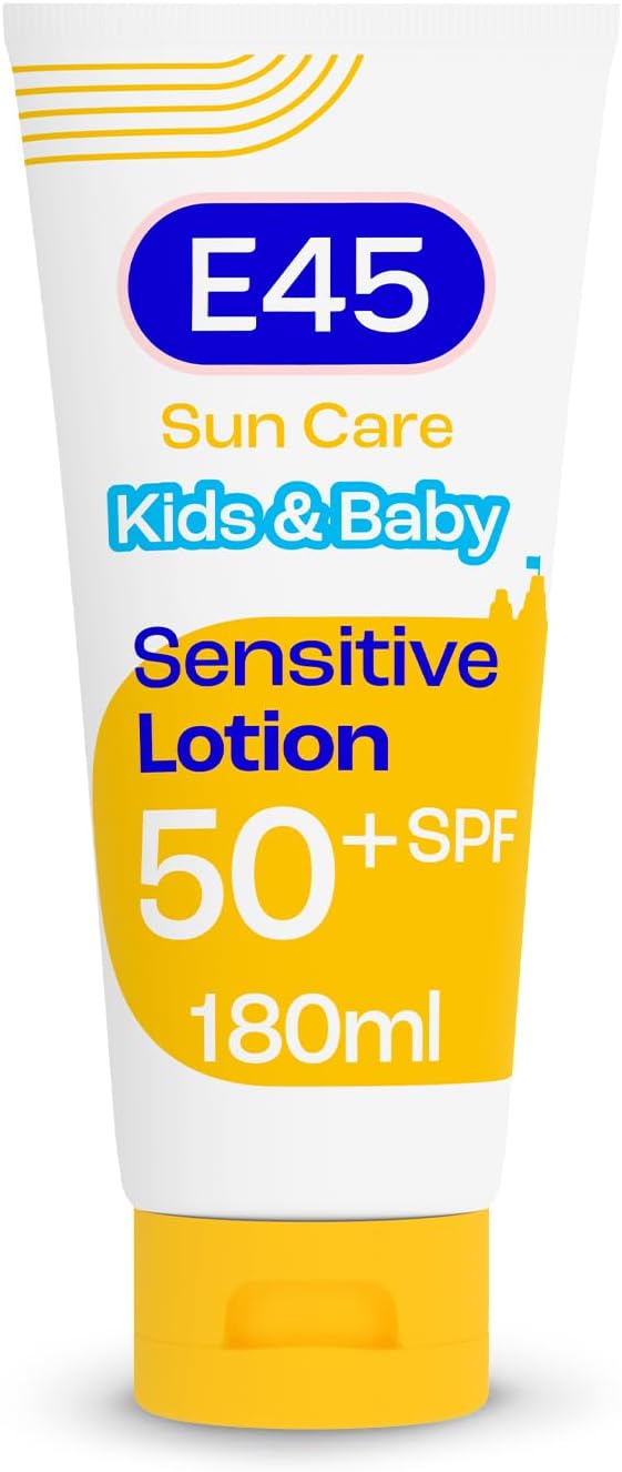 E45 Kids & Baby Sun Lotion for Sensitive Skin SPF 50+. Face & Body Gentle Sun Cream with UVA & UVB Protection with Avocado Oil. For Dry Sensitive Skin and Eczema Prone Skin -180 ml