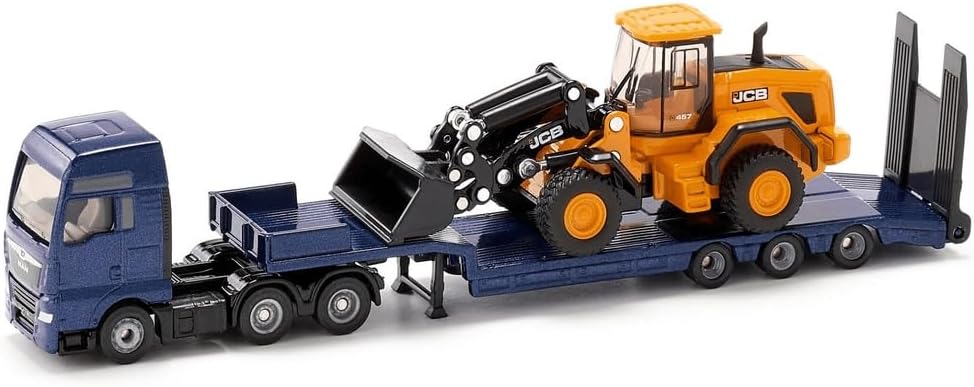 Siku 1790, Man Lorry with Low Loader and JCB Wheel Loader, 1:87, Metal/Plastic, Blue/Yellow, Folding ramp, Movable Loading arm