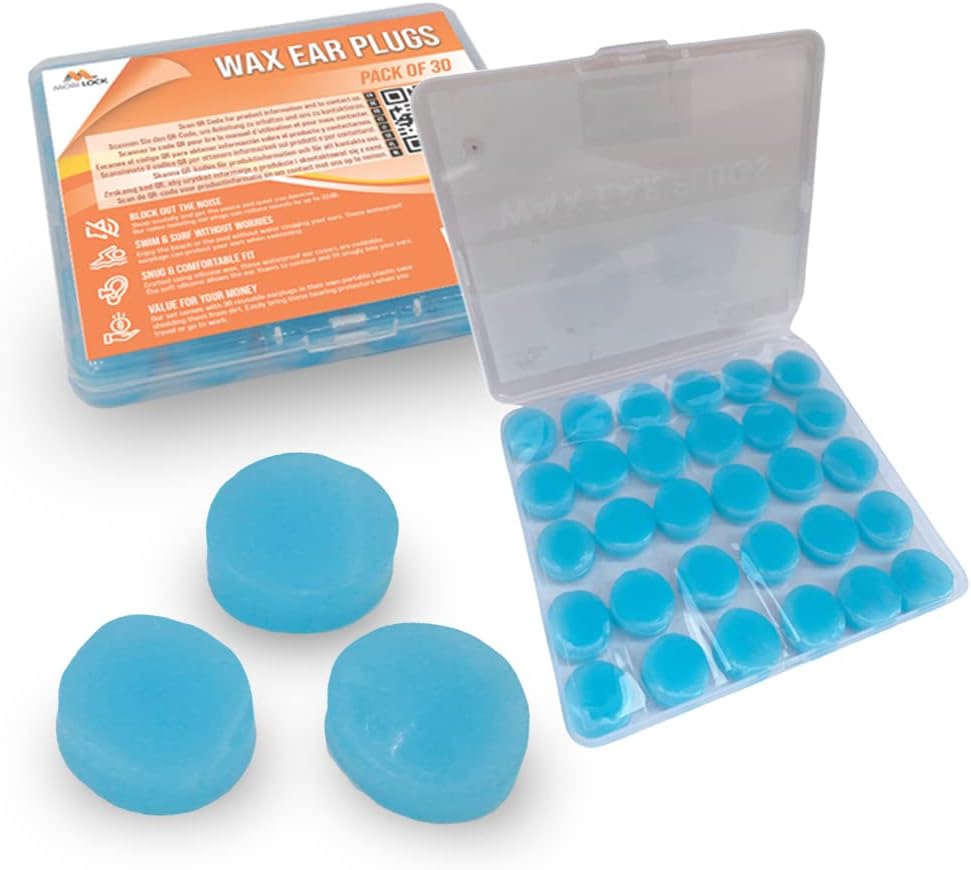 30pcs Reusable Silicone Wax Ear Plugs 32dB Noise Cancelling Earbuds for Sleeping, Hearing Protection, Travel, Concerts, Swimming - Comes with a Durable Plastic Case - by Mobi Lock