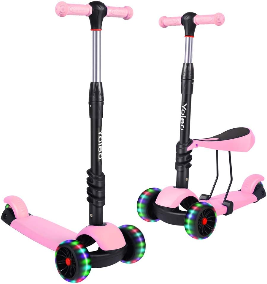 YOLEO Kids Three Wheel Kick Scooter with Removable Seat, LED Flashing Wheels, Height Adjustable, 3-in-1 Lightweight Children's Scooter Boys and Girls for Aged 2-8