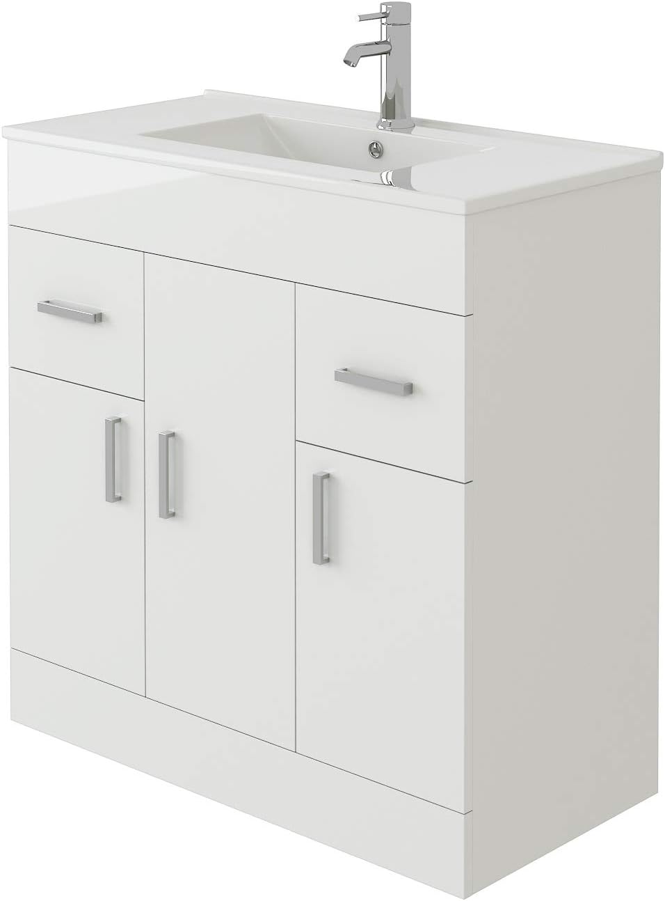 VeeBath VUMW80 Sphinx Free Standing Basin Vanity Cabinet Unit with Doors Drawers & Rectangular Sink-800mm, High Gloss White, 800mm
