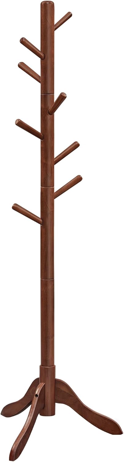 VASAGLE Solid Wood Coat Rack, Free Standing Tree-Shaped Coat Rack with 8 Hooks, 3 Height Options, for Clothes, Hats, Bags, Living Room, Bedroom, Home Office, Dark Walnut URCR01WN