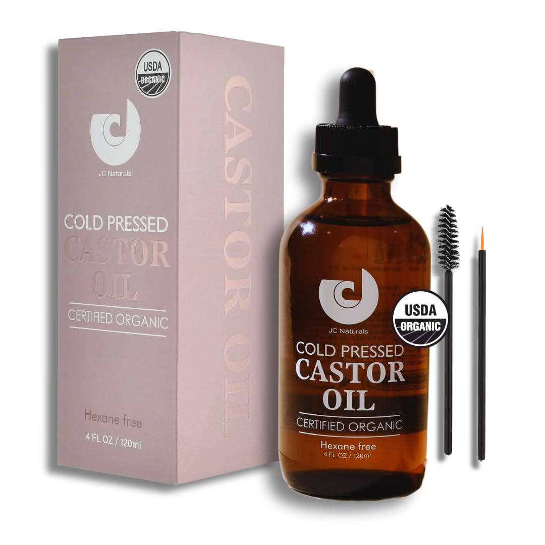 Organic Castor Oil 4oz – USDA Certified, 100% Pure, Cold-Pressed, Hexane-Free – Hair Growth Oil for Eyelashes, Eyebrows, Scalp, Skin Moisturizer, Beard & Lash Booster, Carrier Oil