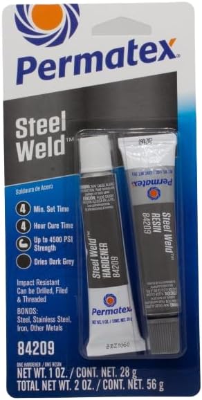 Permatex 84209 Steel Weld Epoxy, Easy To Use, Multi-metal Epoxy, Can be drilled, filed and Threaded Permanent Strength up to 4500 PSI 1 x 56g