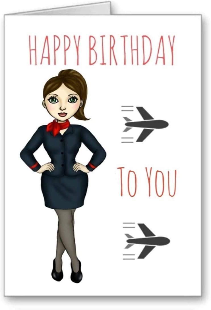 Air Hostess Cabin Crew Birthday Card Happy Birthday Stewardess long brown Hair (envelope included)