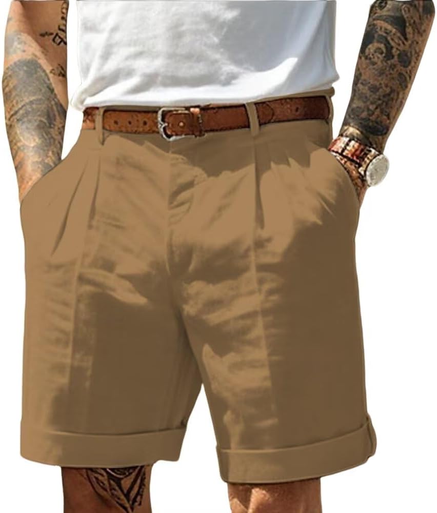 Men's Linen Shorts Pleat-Front Casual Italian Shorts Summer Lightweight Dress Pants with Pockets