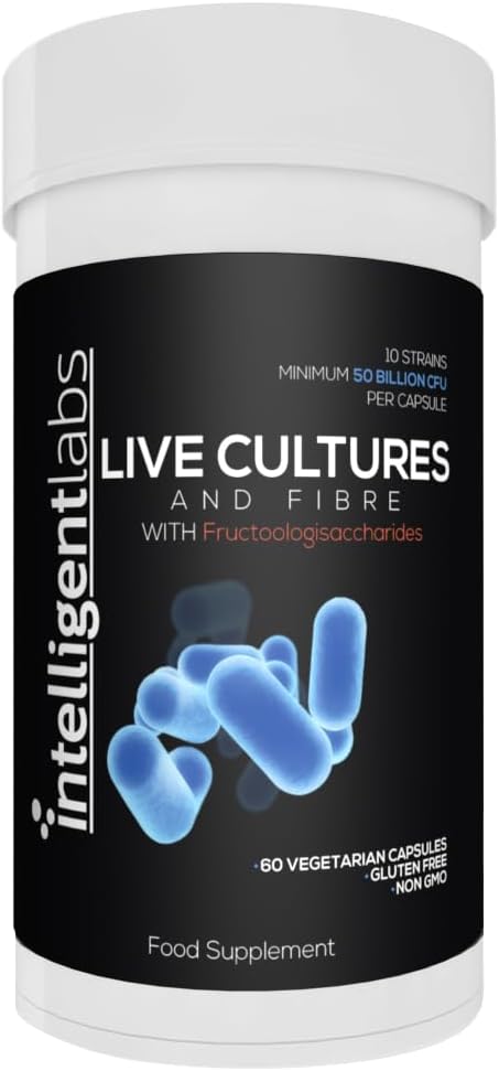 50 Billion CFU Intelligent Labs Probiotics and Fibre, No Refrigeration Needed, with Partially hydrolyzed guar Gum & Fos, 60 Day Supply Per Bottle
