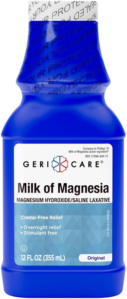 GeriCare Milk of Magnesia, Magnesium Hydroxide 1200mg | Original Flavor | Constipation Relief | Cramp-Free, Saline Laxative | 12 Fl Oz (Pack of 1)