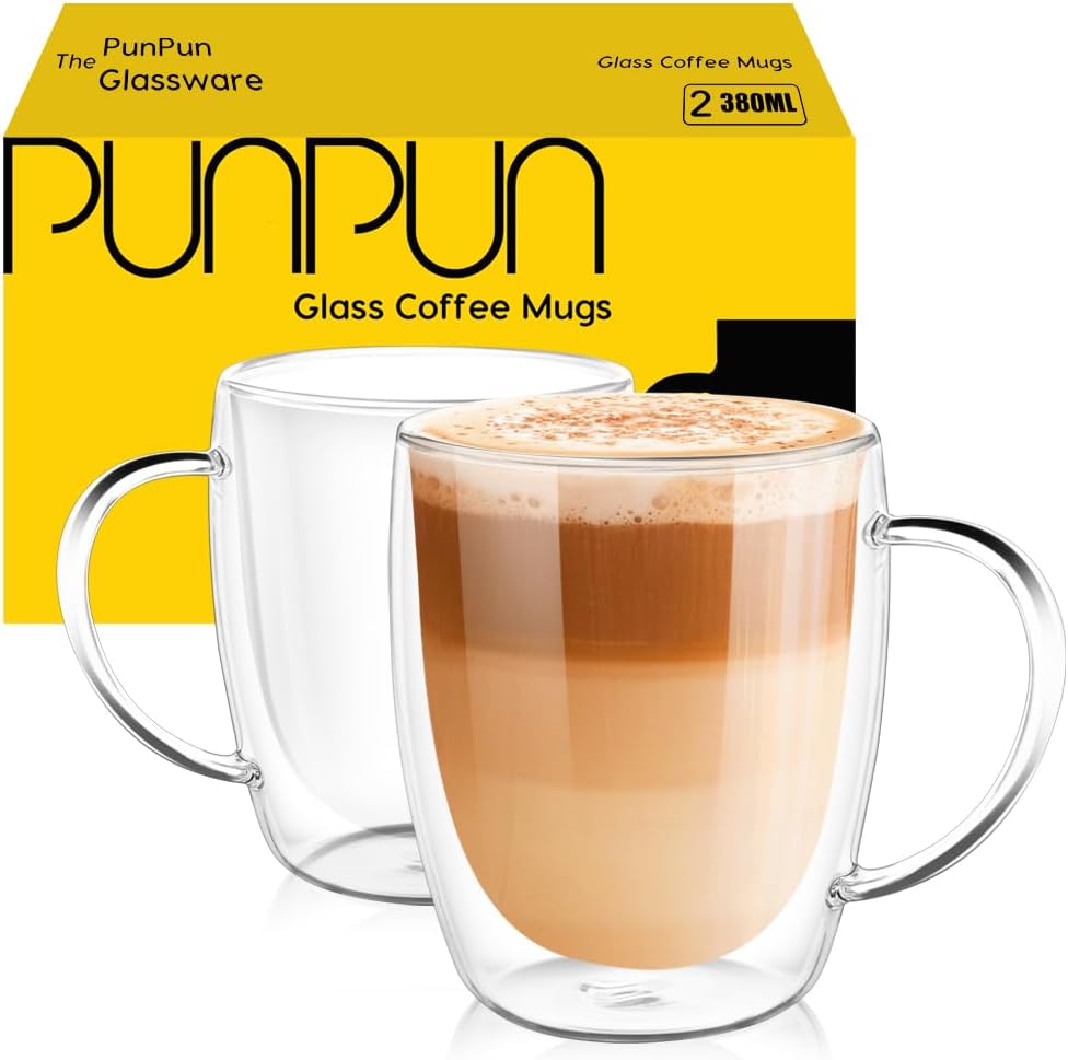 PunPun Coffee Cups Clear Coffee Mugs, Espresso Cups,Double Wall Glass Coffee Mugs with Big Handle, Clear Mugs,Perfect Glass Mugs for Hot Beverages, Latte, Cappuccinos.(380ml/Set of 2)