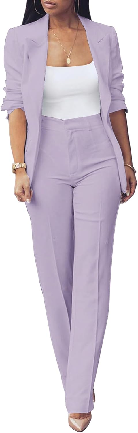 HuiSiFang Womens Fall Fashion 2 Piece Blazer Sets Open Front Blazers and Slim Fit Pants Suits Set