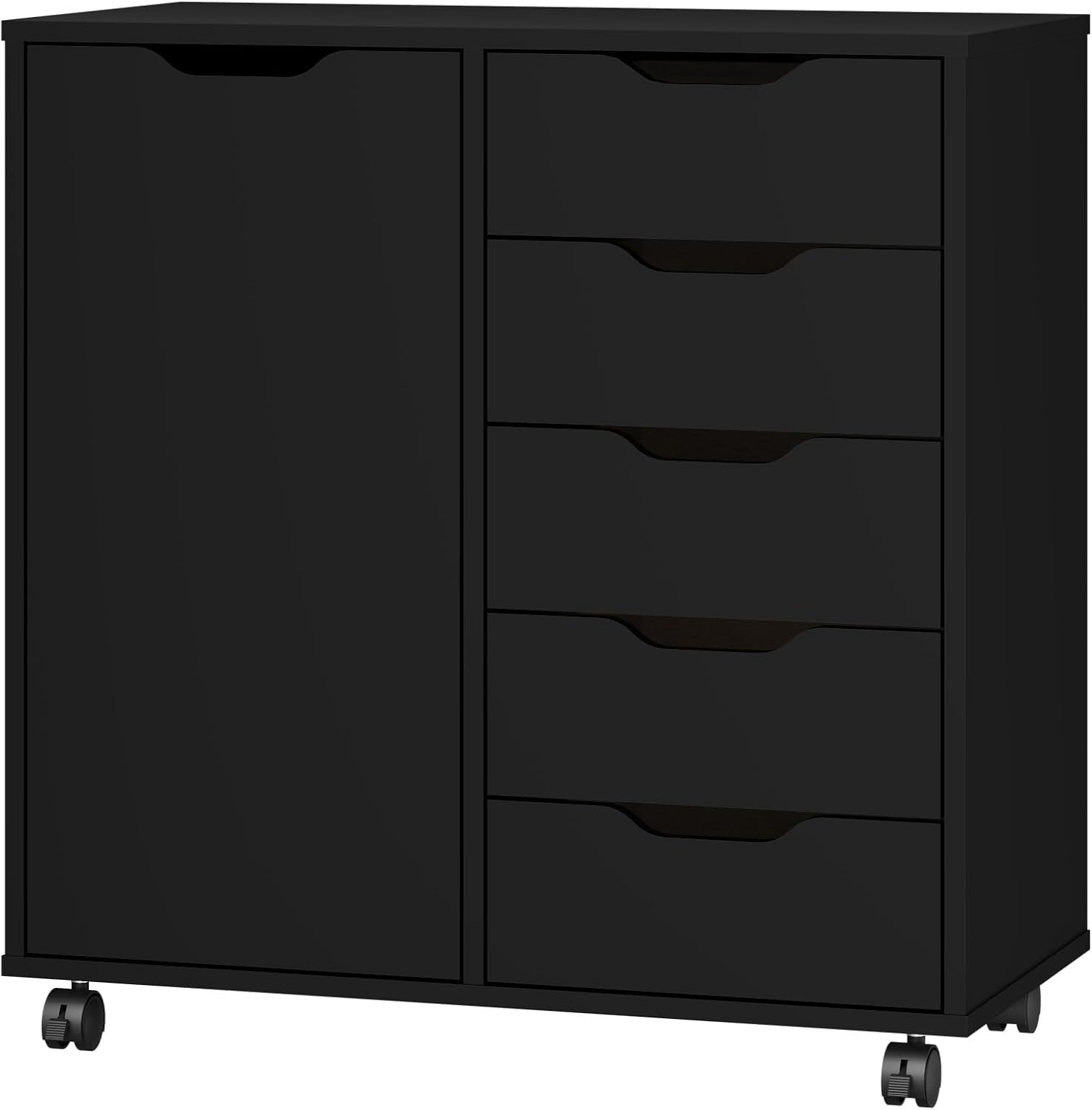 Panana 5-Drawer Chest with 1 Door, Wooden Chest of Drawers Storage Dresser Cabinet with Wheels, Office Organization and Storage, Bedroom Furniture (Black-S)