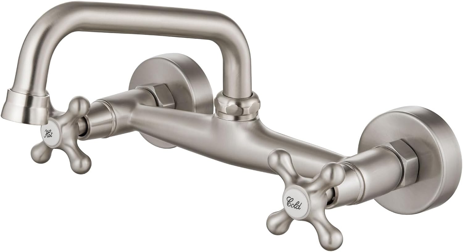Airuida Wall Mount Kitchen Sink Faucet for 6 Inch(15cm) Spout Reach 8 Inch Center Adjustable Center Double Cross Handles Hot and Cold Water Mixer Tap 360 Rotatable Faucet Brushed Nickel