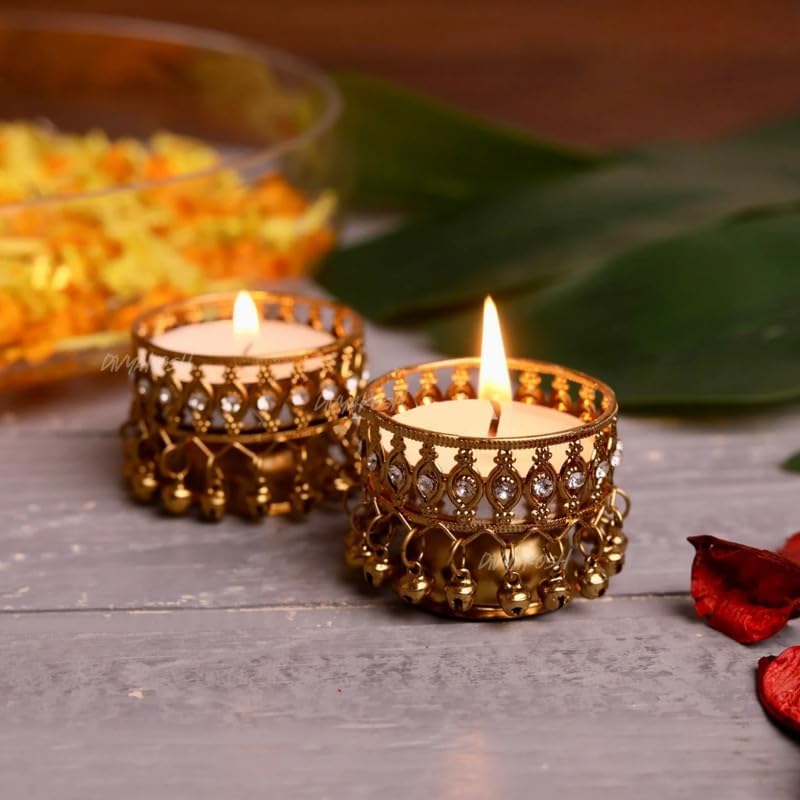 Divyakosh Designer Candle Tea Light Holders, 4 Pcs with Wax Candle (Long Burning Hours), Light Candle Holder Stand for Diwali, Tlight for Deepawali Decoration, Diya for Home Decor| Diwali Gift |