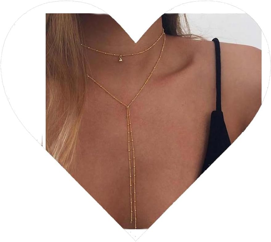 Yheakne Double Layered Choker Long Tassel Chain Necklace Gold Wrap Chain Necklace Thin Tassel Y Necklace Chain Long Necklaces for Women and Girls