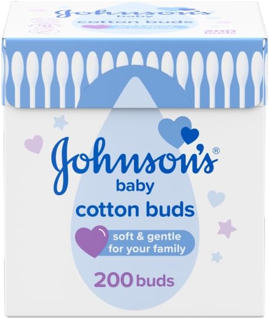 Johnson's Baby Cotton Buds (1 x Pack of 200) Soft & Gentle Ear Buds for Delicate Skin, Made of 100% Pure Cotton and Paper Sticks, Plastic-Free to Clean Around Eyes and Outer Areas