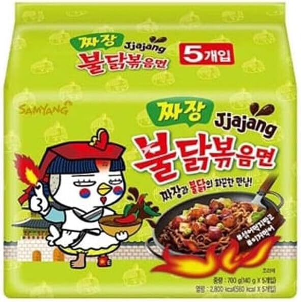 Samyang Chicken Ramen Noodles (140 x 5) Gram - Instant Korean Style Spicy Flavour - Quick & Delicious Instant Chewy Noodles (Pack of 1, Samyang Jjajang Noodles)