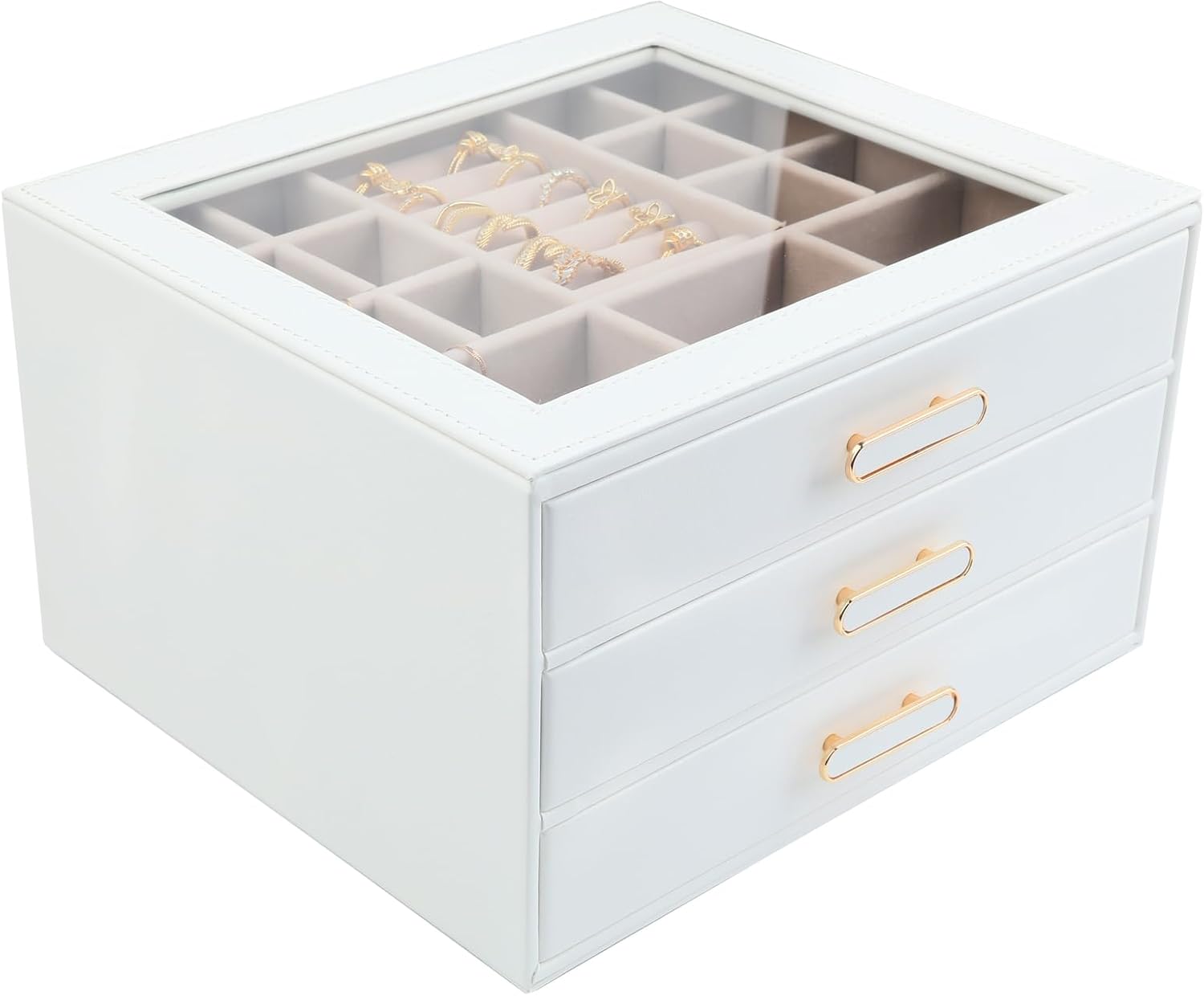 3 Layer Jewelry Organizer Box with Glass Lids & 3 Drawers - Elegant Storage Solution for Necklace, Rings，Earrings, and Bracelets - Perfect for Women ASK-301 (White)