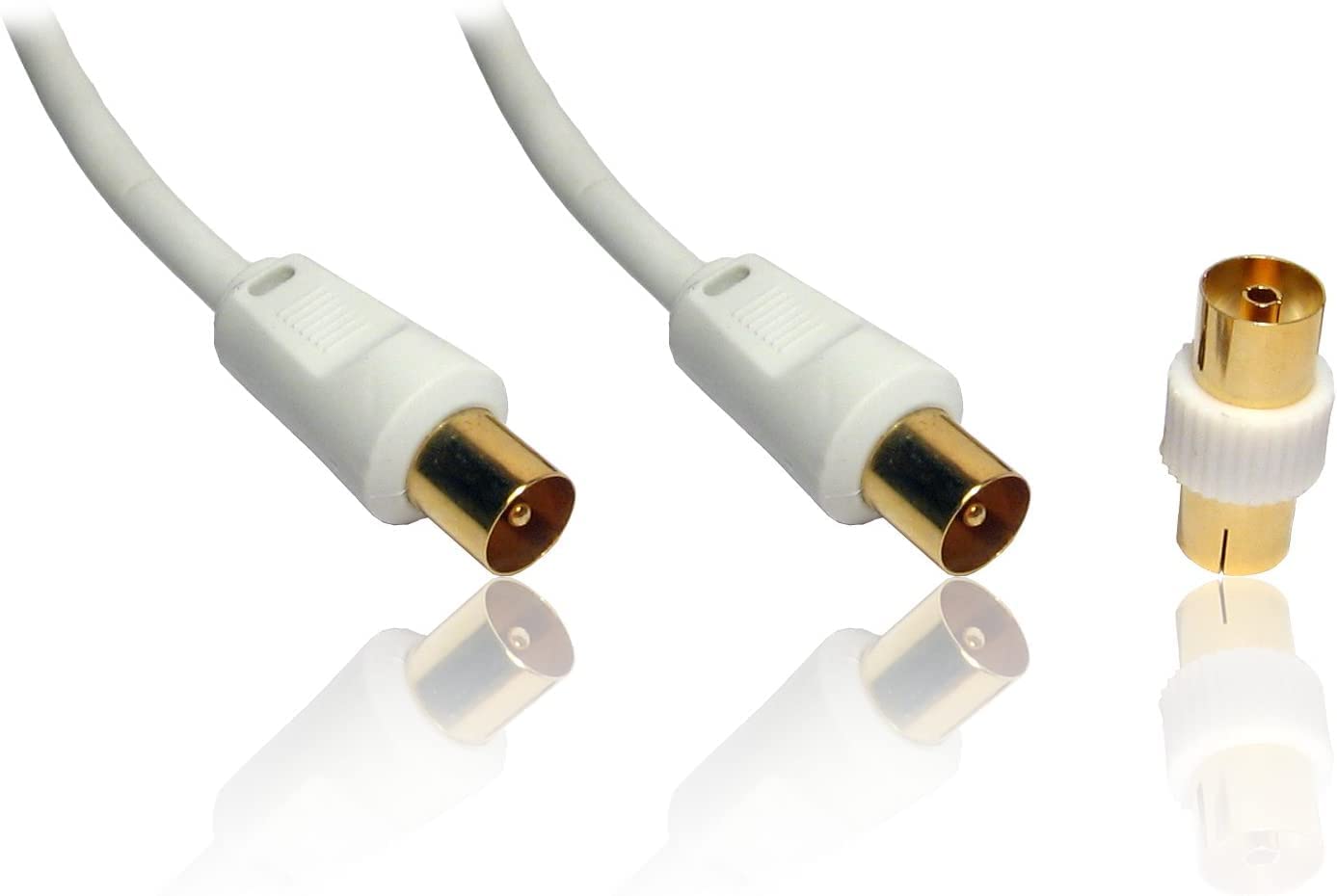 PCSL Gold T.V aerial cable (M-M) with adapter (F-F) Coaxial Cable TV Video Lead WHITE (1.8m)