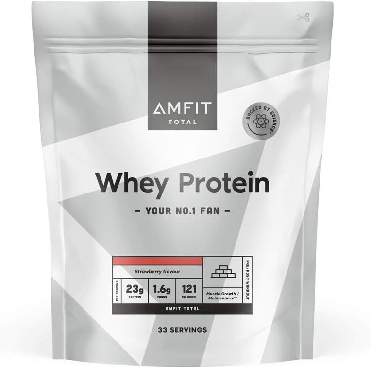 Amazon Brand - Amfit Nutrition Whey Protein Powder, Strawberry Flavour, 33 Servings, 1 kg (Pack of 1)