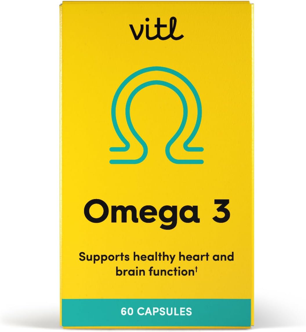 Vitl Omega 3 Fish Oil Supplement - 60 Softgel Capsules - Support Heart and Brain Health - 500mg Fish Oil, 250mg DHA & 50mg EPA - Highly Absorbable - 1 Month Supply