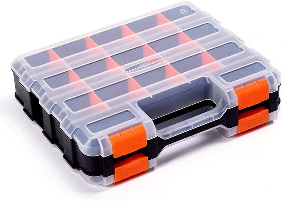 Double Side Tool Storage Box with Removable Plastic Partition, Hardware Box Storage, 34-Compartments, Excellent for Screws, Nuts, Small Parts, Black/Orange