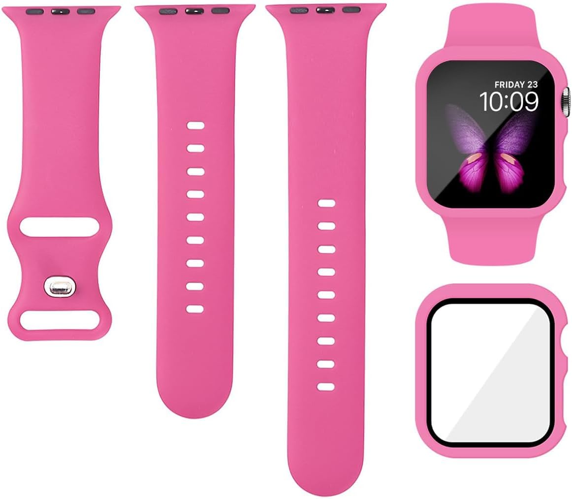 Sport Silicone Band and Case Compatible with Apple Watch Bands 38mm 40mm 41mm 42mm 44mm 45mm 46mm, Waterproof Apple Watch Strap & Screen Protector iWatch Series 10 9 8 SE 7 6 5 4 3 2 1 for Women Men