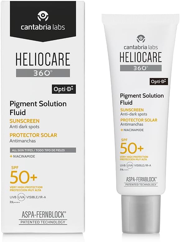 Heliocare 360° Pigment Solution Fluid, SPF50 Sun Cream with Anti-Pigmentation Protection, Protects Against UVA, UVB, Visible Light and Infrared A-Rays, Water and Sweat Resistant, Vegan (50ml)