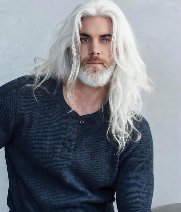 Mens Long Hair Wigs Curly Fluffy Wigs,Synthetic Hair Daily Party Halloween Costume Wig (B-White)