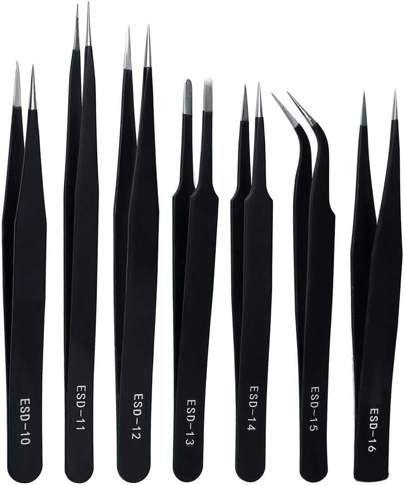 ZHIYE Precision ESD Anti-Static Tweezers, 7 pcs Stainless Steel Tweezers Set for Electronics, Jewelry-Making, Laboratory Work, Repairing, Hobbies