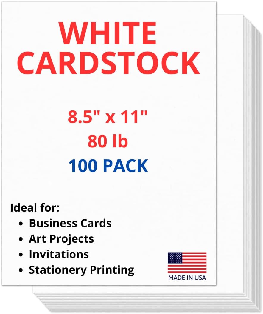 100 Sheets of Heavyweight White Cardstock - Ideal for Business Cards, Art Projects, Invitations, and Stationery Printing | 80 lb Cover Stock | 8.5 x 11 Inches | Thick and Durable Cardstock (216 gsm)