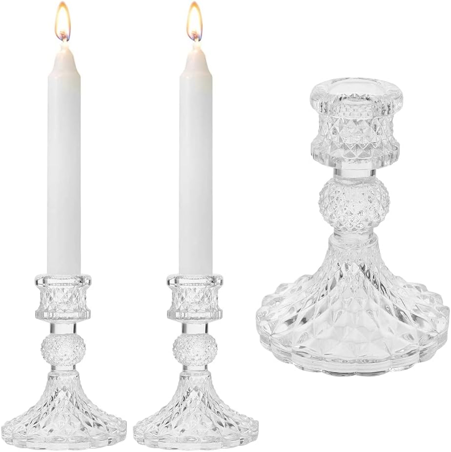 Set of 2 Clear Glass Candle Holder,Taper Candlestick Holders,Decorative CandleSticks Candleholder, 4.1 Inch Tall Crystal Candle Stand Centerpiece for Wedding Dinning Party