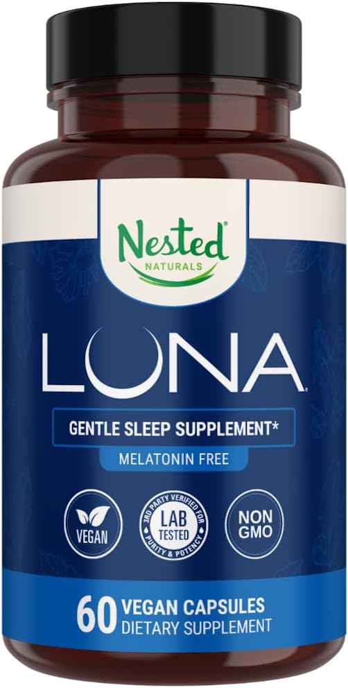 Nested Naturals Luna Sleep Supplement, Melatonin Free, Non-Habit Forming Herbal Sleep Supplement, Adult Bedtime Support, Help Sleeping w/Chamomile, Valerian, L-Theanine, 60 Vegan Capsules